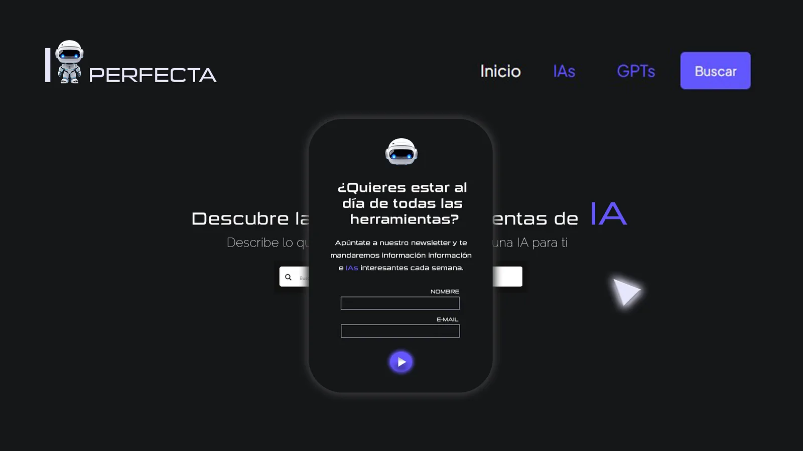 The iaperfecta.com landing with its pop-up